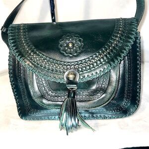 Patricia Nash Beaumont Dark Green Crossbody Bag Flap Tassel